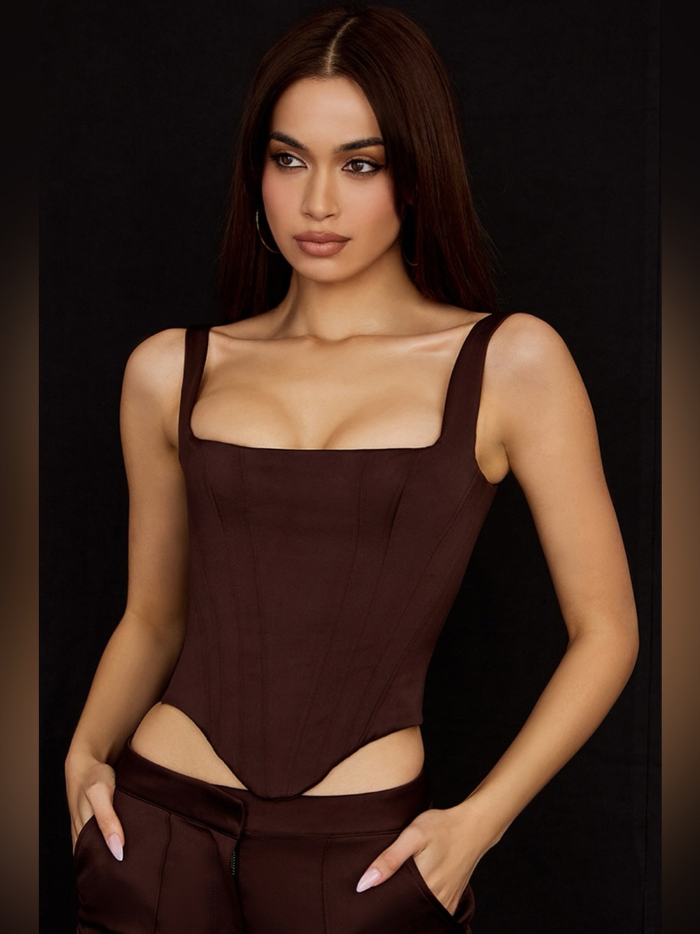 House of CB Rafa Chocolate Satin Longline Corset L+